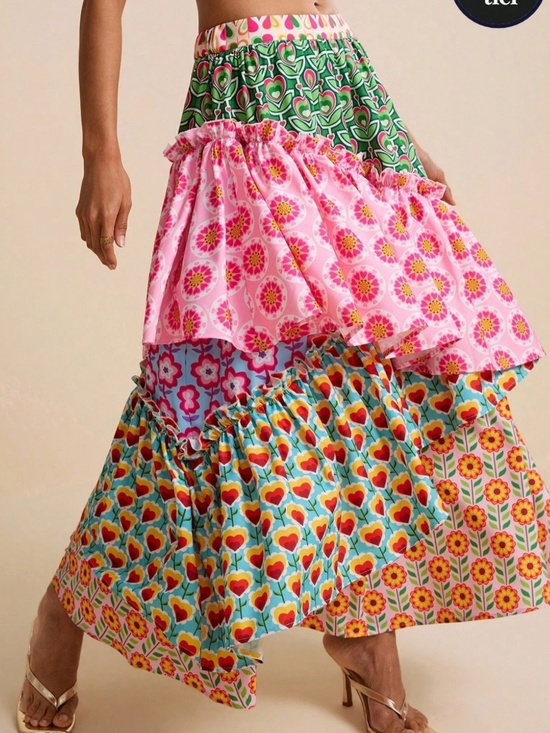 Dresses & Skirts - Boho Floral Print Stretchy Waist Layered ruffle Maxi Skirt